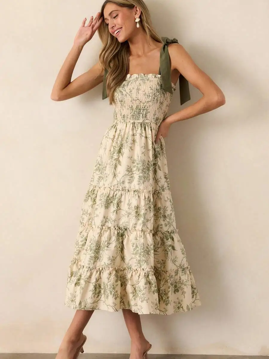 Women Floral Print Tiered Ruffle Dress With Bow Straps Sleeveless Spring Summer Midi Dress
Women Floral Print Tiered Ruffle Dress With Bow Straps Sleeveless Spring Summer Midi Dress
