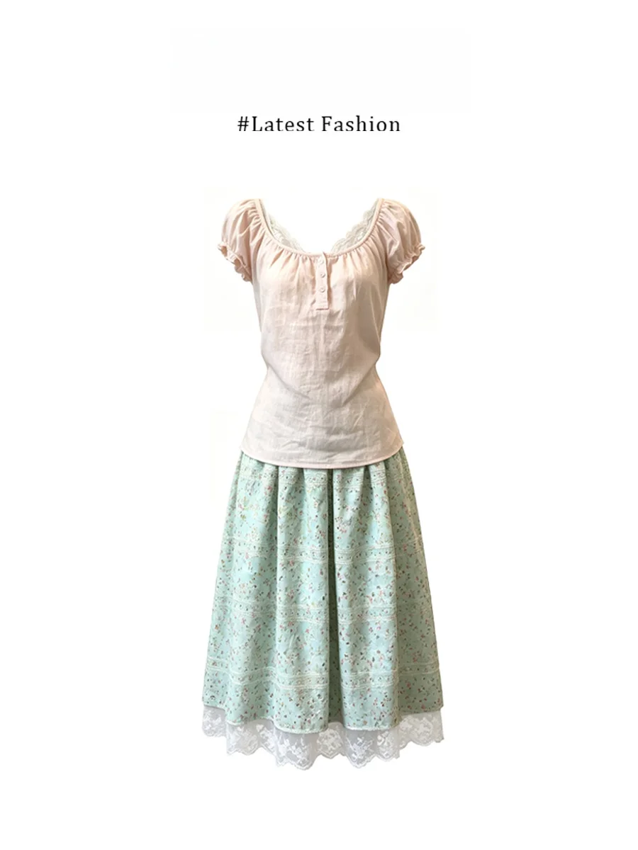 Summer Gentle Girl Style T-Shirt And Lace Floral Skirt Set Women's Fashion Bubble Sleeve Square Collar Two-Piece Outfit
Summer Gentle Girl Style T-Shirt And Lace Floral Skirt Set Women's Fashion Bubble Sleeve Square Collar Two-Piece Outfit