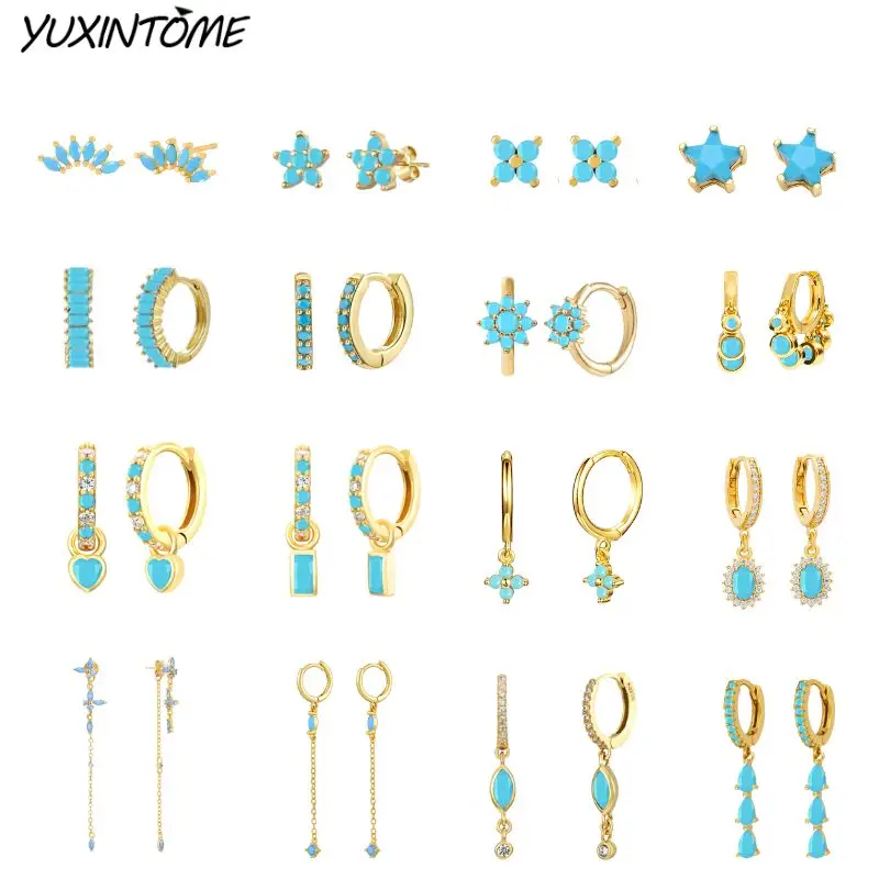 

925 Sterling Silver Needle Summer Blue Turquoise Series Small Hoop Earrings for Women 24K Gold Earrings Trend Ear Accessories