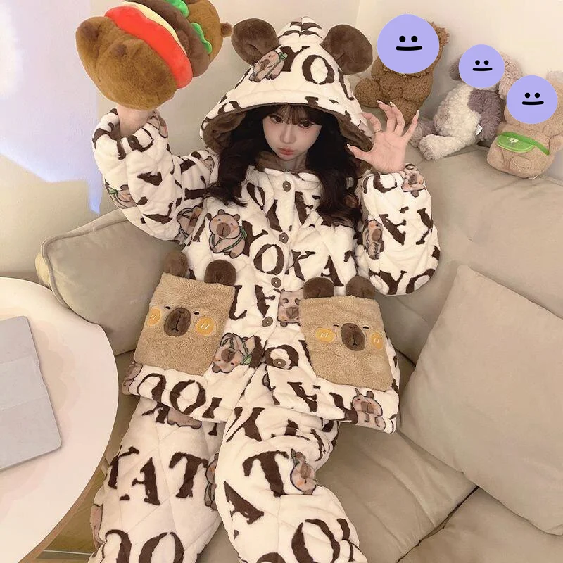 Пижамы, зимняя одежда для сна, женские коралловые флисовые трехслойные хлопковые подкладки, толстые теплые домашние костюмы с рисунком капибары, милый кавайный комплект
Пижамы, зимняя одежда для сна, женские коралловые флисовые трехслойные хлопковые подкладки, толстые теплые домашние костюмы с рисунком капибары, милый кавайный комплект
