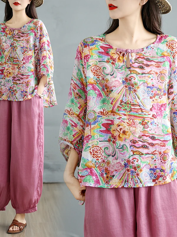 New Chinese Style Retro Print Set Women's Summer Thin Cotton Linen Top Casual Lantern Pants plus Size Two Piece Set
New Chinese Style Retro Print Set Women's Summer Thin Cotton Linen Top Casual Lantern Pants plus Size Two Piece Set