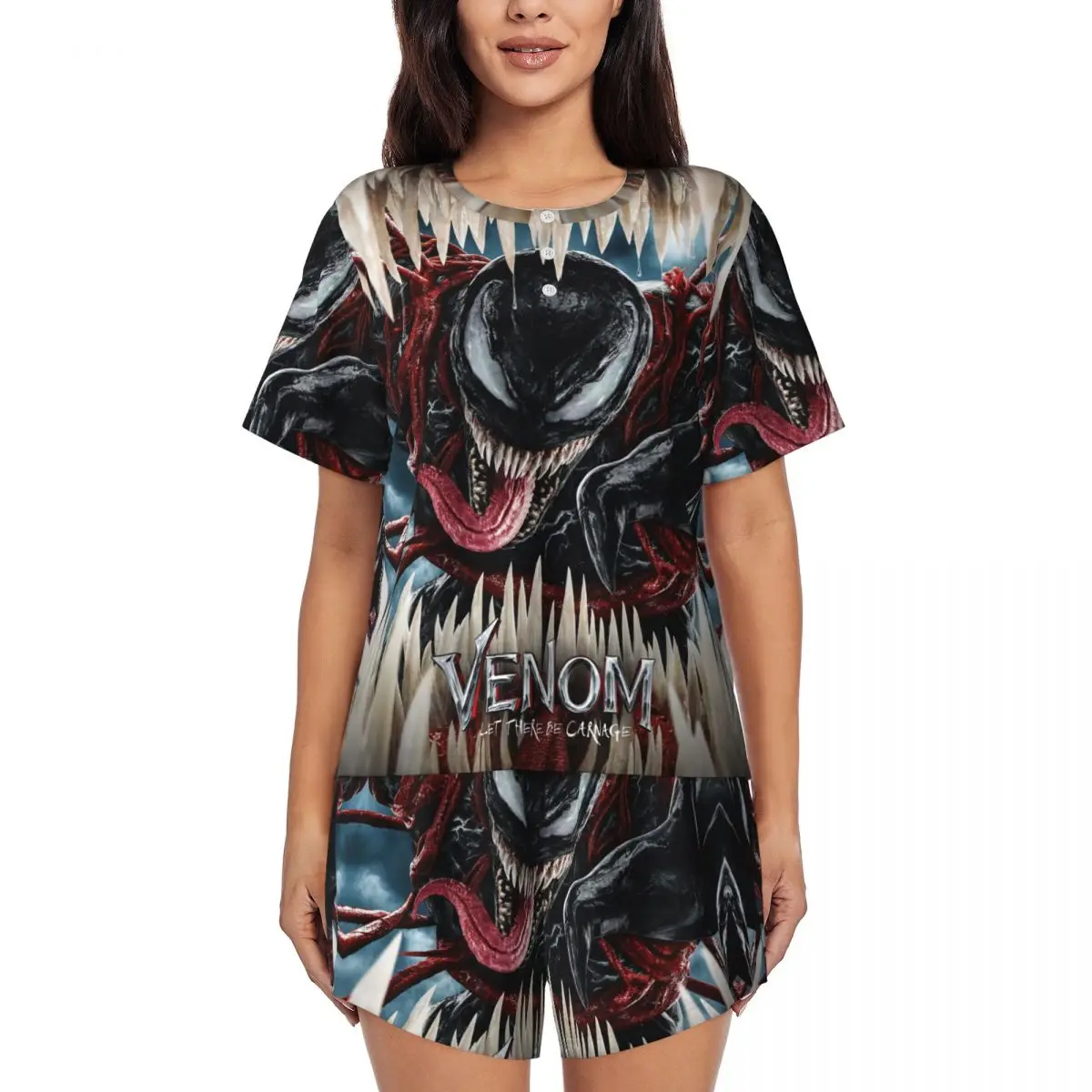 Женский пижамный комплект из фильма Venom, комплект из двух предметов с принтом на заказ, одежда для сна с короткими рукавами, домашняя одежда
Женский пижамный комплект из фильма Venom, комплект из двух предметов с принтом на заказ, одежда для сна с короткими рукавами, домашняя одежда