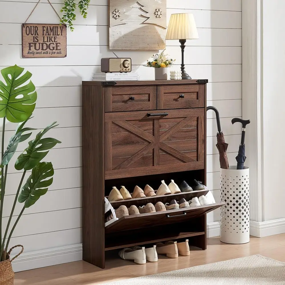 Narrow Standing Shoe Storage Cabinet with 2 Drawers and Adjustable Shelves, Rustic Brown
Narrow Standing Shoe Storage Cabinet with 2 Drawers and Adjustable Shelves, Rustic Brown
