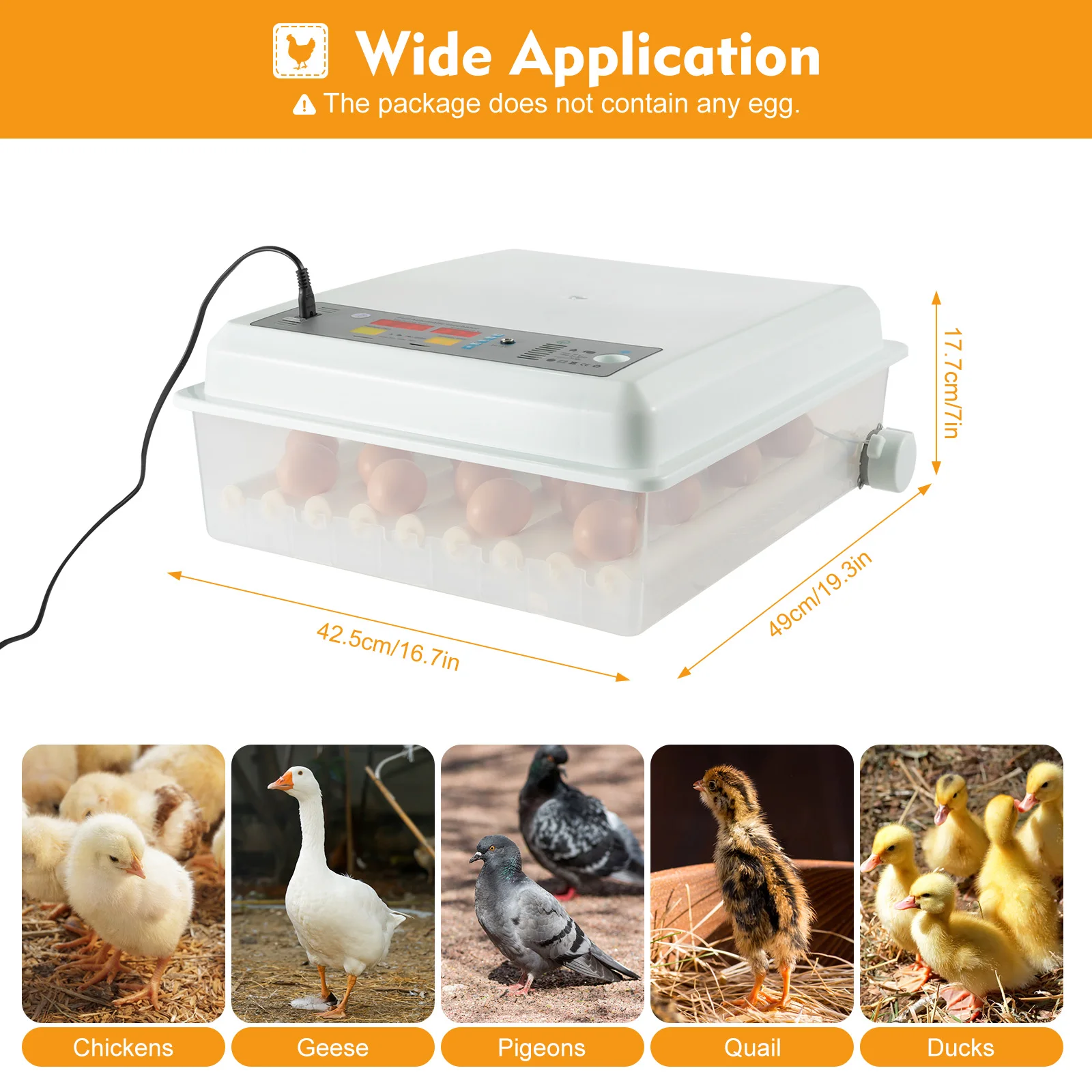 Egg Incubator Automatic 64 Egg Capacity 360° Rotating Dual Power Supply with Adjustable Tray for Poultry Hatching Farm
Egg Incubator Automatic 64 Egg Capacity 360° Rotating Dual Power Supply with Adjustable Tray for Poultry Hatching Farm