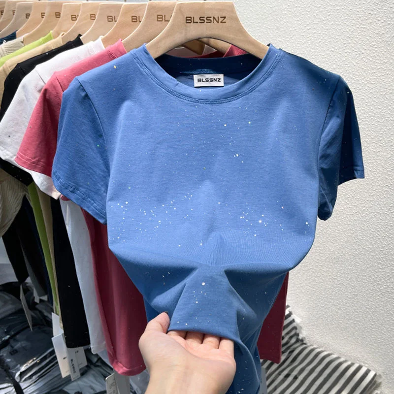 Shining cotton basic tshirt women summer slim short sleeve round neck t-shirt shiny top fashion female clothing
Shining cotton basic tshirt women summer slim short sleeve round neck t-shirt shiny top fashion female clothing