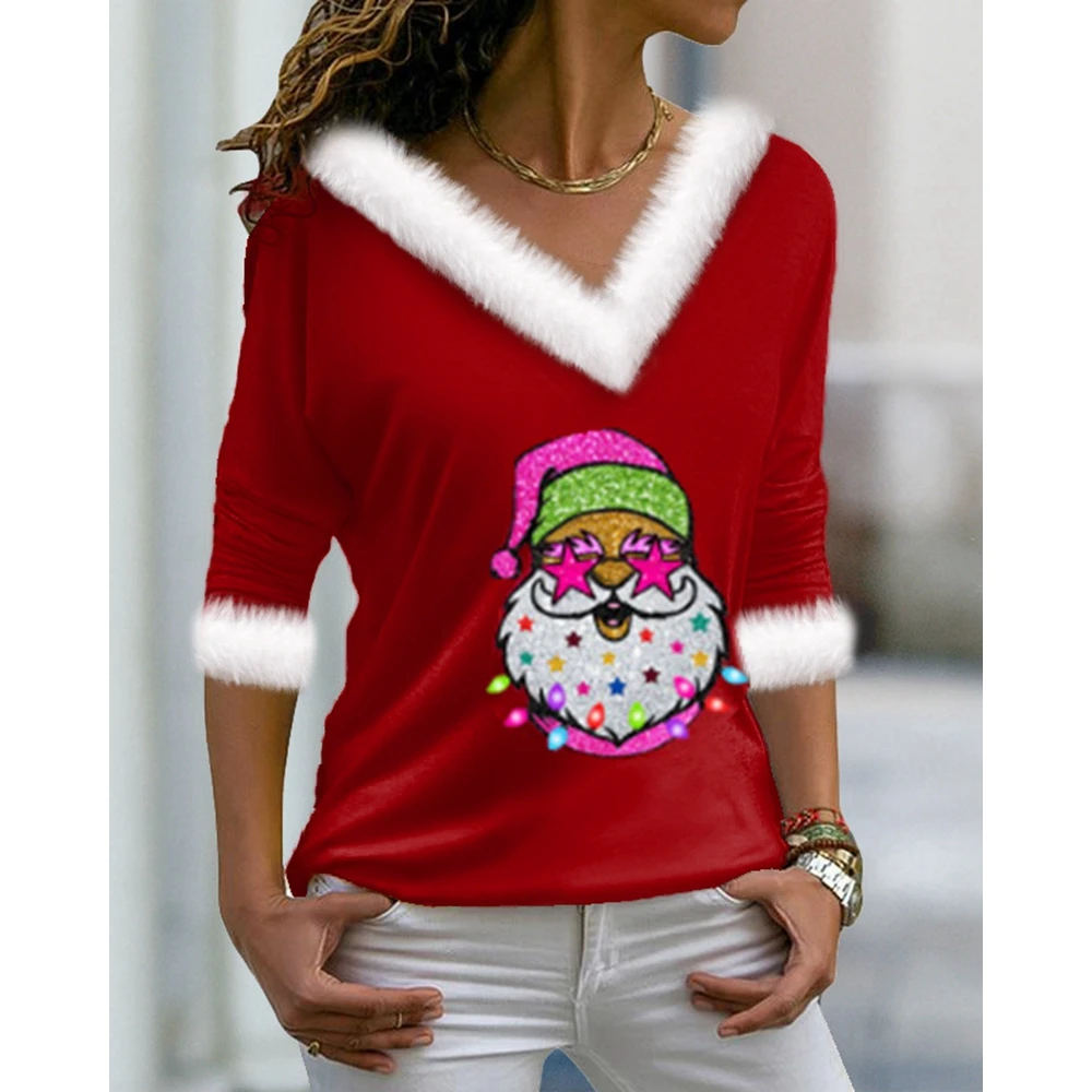 Christmas Women Santa Claus Print Contrast Fluffy V Neck Long Sleeve Top Fashion Femme Casual Long Sleeve Festival T-Shirts
Christmas Women Santa Claus Print Contrast Fluffy V Neck Long Sleeve Top Fashion Femme Casual Long Sleeve Festival T-Shirts