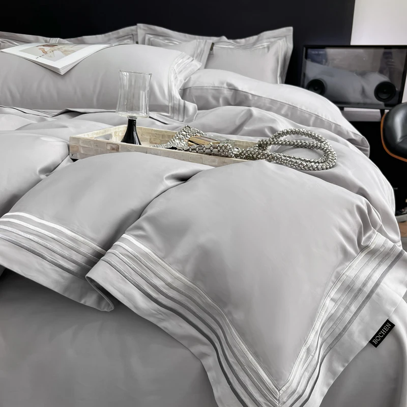 Solid Color Stripe Embroidery Duvet Cover Set King Queen Size Grey Egyptian Cotton Bedding Bed Sheet Pillowcases Home Textile
Solid Color Stripe Embroidery Duvet Cover Set King Queen Size Grey Egyptian Cotton Bedding Bed Sheet Pillowcases Home Textile