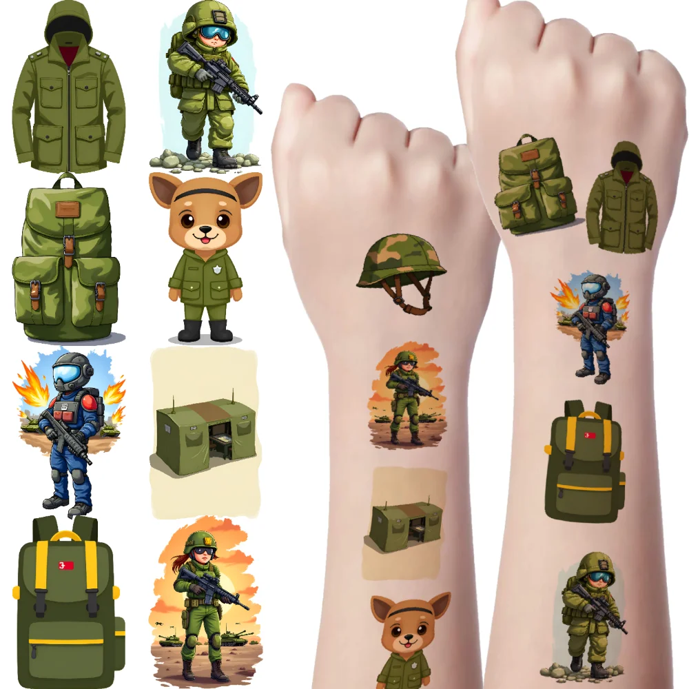 54pcs Temporary Tattoo Soldier Illustration Cartoon Army Equipment Military Gear Temporary Tattoo Stickers For Men
54pcs Temporary Tattoo Soldier Illustration Cartoon Army Equipment Military Gear Temporary Tattoo Stickers For Men