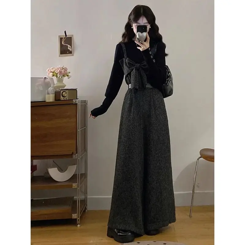 Trendy Knot Overalls Slimming Wide Leg Pants Base Shirt Two Piece Set Cute Style Long Sleeve round Neck Winter Wear
Trendy Knot Overalls Slimming Wide Leg Pants Base Shirt Two Piece Set Cute Style Long Sleeve round Neck Winter Wear