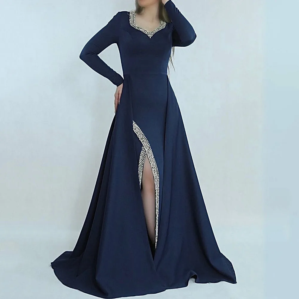 Customized A-Line Prom Dresses Floor-Length V-Neck Full Sleeve Evening Gown Fashion Crystal Simple Draped Casual Party Gown
Customized A-Line Prom Dresses Floor-Length V-Neck Full Sleeve Evening Gown Fashion Crystal Simple Draped Casual Party Gown