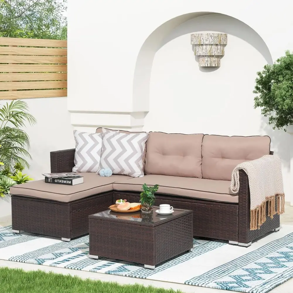 3-Piece Patio urniture Set, All-Weather Outdoor Sectional Soa Set, Wicker Loveseat Lounge Couch with Glass Coee Table or Deck Ba
3-Piece Patio urniture Set, All-Weather Outdoor Sectional Soa Set, Wicker Loveseat Lounge Couch with Glass Coee Table or Deck Ba