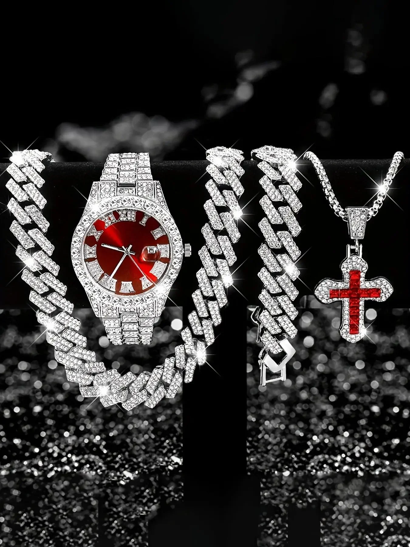 4pcs Men's luxury rhinestone square dial quartz watch+cross+bracelet+necklace
4pcs Men's luxury rhinestone square dial quartz watch+cross+bracelet+necklace