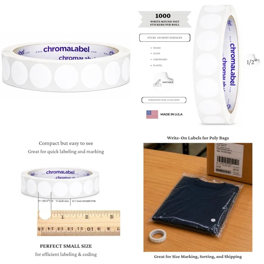 Dot Stickers, 1/2 Inch Round Sticker Labels, Permanent Semi-Gloss Paper Dots, 1000 per Roll for Labeling, Inventory, Classroom,
Dot Stickers, 1/2 Inch Round Sticker Labels, Permanent Semi-Gloss Paper Dots, 1000 per Roll for Labeling, Inventory, Classroom,