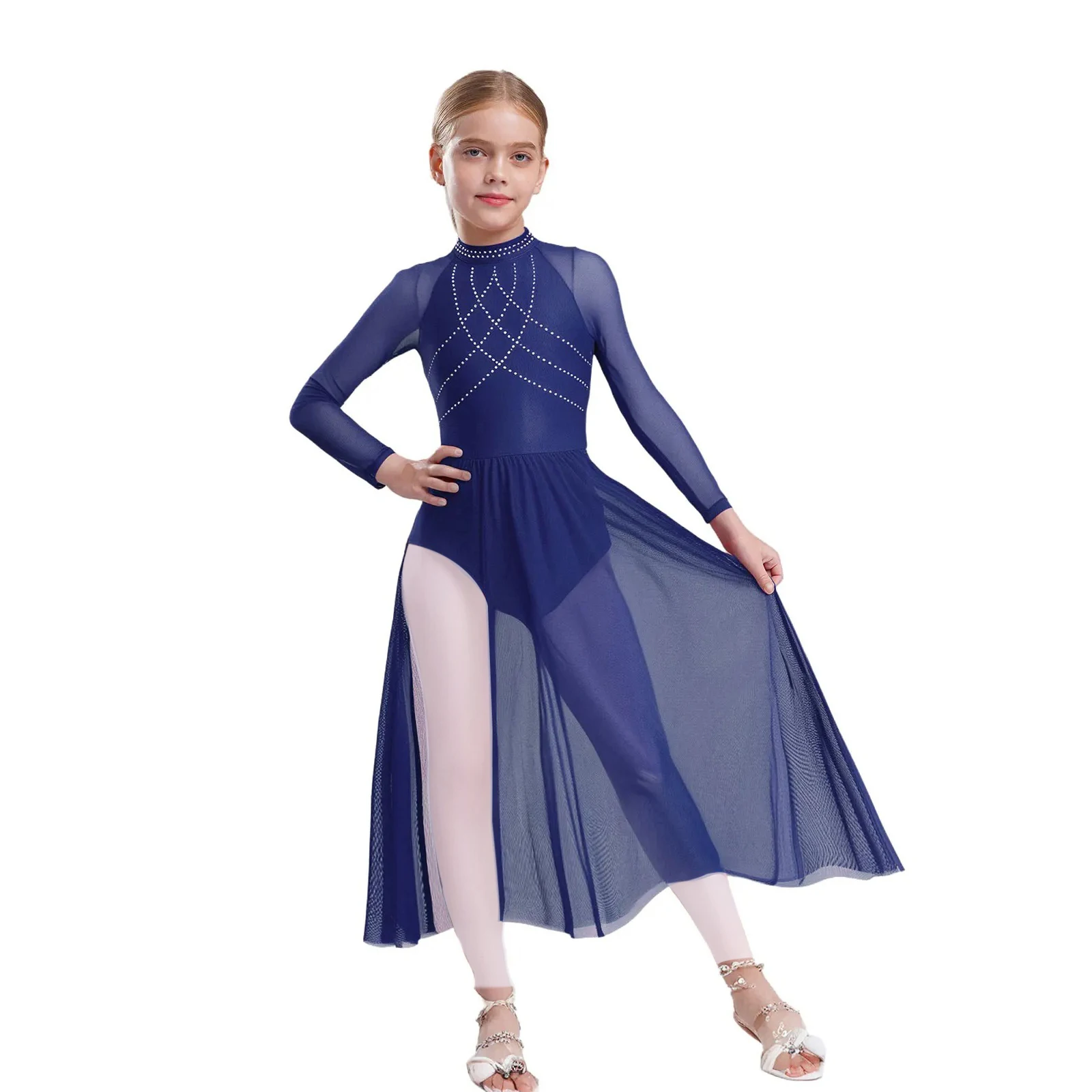 Kids Girls Ballet Lyrical Dance Dress Shiny Rhinestones Mesh Patchwork Flowy Split Long Sleeve Leotard Dresses Modern Dancewear
Kids Girls Ballet Lyrical Dance Dress Shiny Rhinestones Mesh Patchwork Flowy Split Long Sleeve Leotard Dresses Modern Dancewear