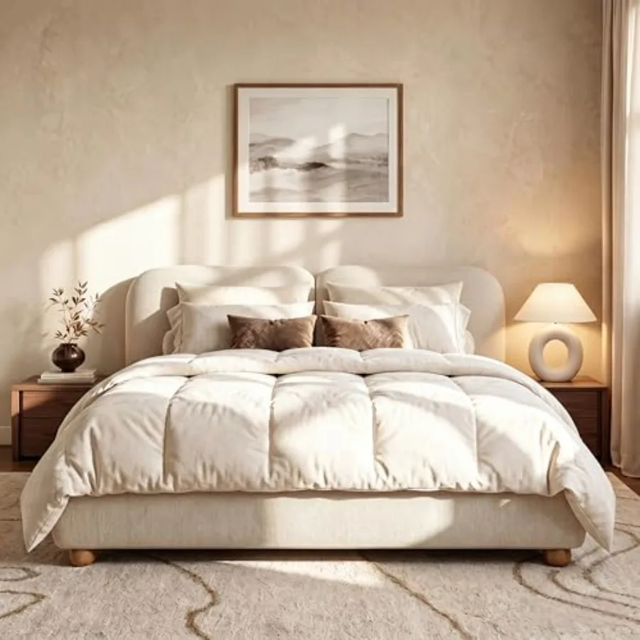 King Size Upholstered Bed Frame with Bouclé Fabric, Thick Curved Headboard, Solid Rubber Wood Legs, Low-Profile Platform Bed fo
King Size Upholstered Bed Frame with Bouclé Fabric, Thick Curved Headboard, Solid Rubber Wood Legs, Low-Profile Platform Bed fo