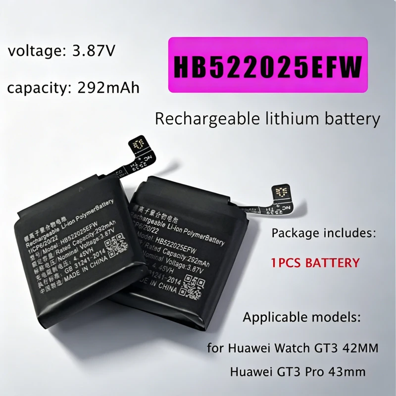 Replacement Battery HB522025EFW 292mAh for Huawei GT 3 42MM/GT3 Pro 43mm Smart Watch Rechargeable Li-Ion Polymer Batteries
Replacement Battery HB522025EFW 292mAh for Huawei GT 3 42MM/GT3 Pro 43mm Smart Watch Rechargeable Li-Ion Polymer Batteries