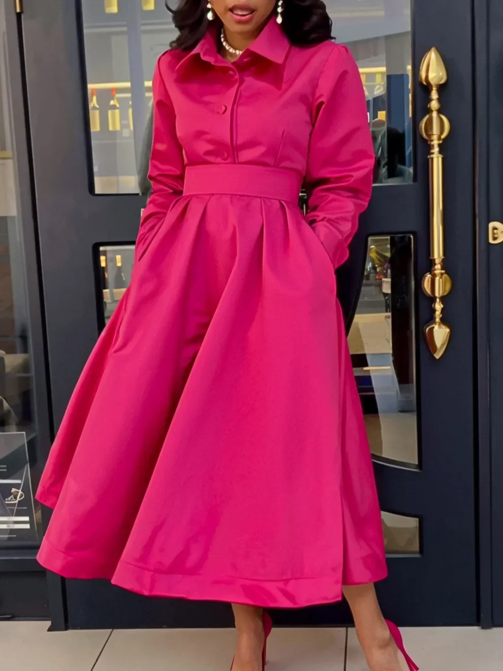 Fashion Women Pleated A-Line Dress Turn Down Collar Long Sleeve Pockets Autumn Elegant Solid Button Vintage Evening Female Dress
Fashion Women Pleated A-Line Dress Turn Down Collar Long Sleeve Pockets Autumn Elegant Solid Button Vintage Evening Female Dress