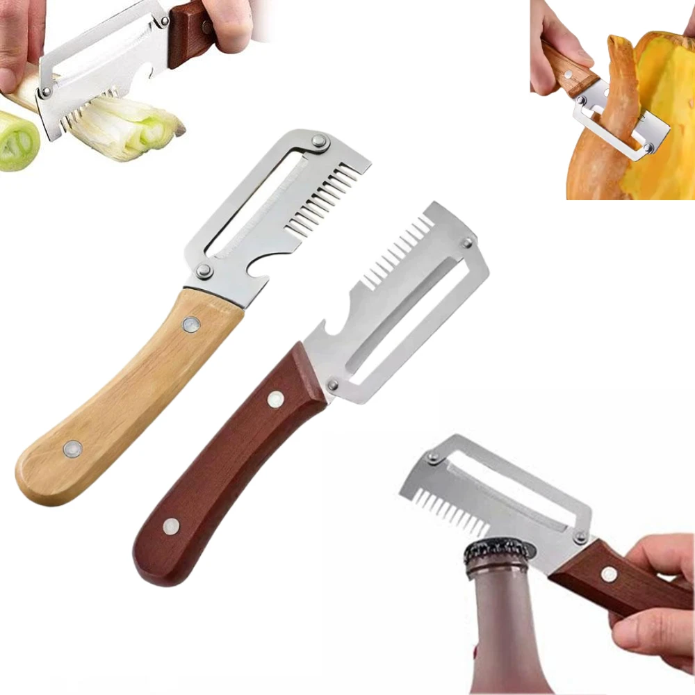 Stainless Steel Kitchen Peeler With Serrated Knife&Wooden Handle, Fruit Vegetable Shredder Slicer Bottle Opener Kitchen Gadget
Stainless Steel Kitchen Peeler With Serrated Knife&Wooden Handle, Fruit Vegetable Shredder Slicer Bottle Opener Kitchen Gadget