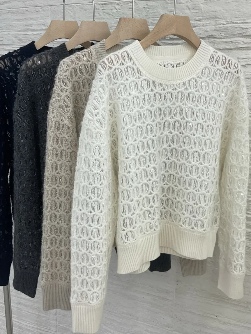 Sequined Hollow Out Women Knitted Pullover Autumn Winter Round Neck Long Sleeve Loose Female Sweater
Sequined Hollow Out Women Knitted Pullover Autumn Winter Round Neck Long Sleeve Loose Female Sweater