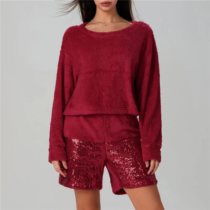 Womens Spring Fall Outfits Long Sleeve O Neck Fleece Tops with Sequins Patchwork Shorts Warm Fashion Comfortable Sets
Womens Spring Fall Outfits Long Sleeve O Neck Fleece Tops with Sequins Patchwork Shorts Warm Fashion Comfortable Sets