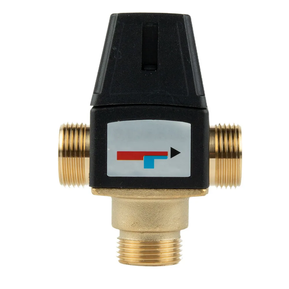 Прочная латунная и пластиковая конструкция трехходового термостатического смесительного клапана, подходящего для различных домашних применений. 
Прочная латунная и пластиковая конструкция трехходового термостатического смесительного клапана, подходящего для различных домашних применений.