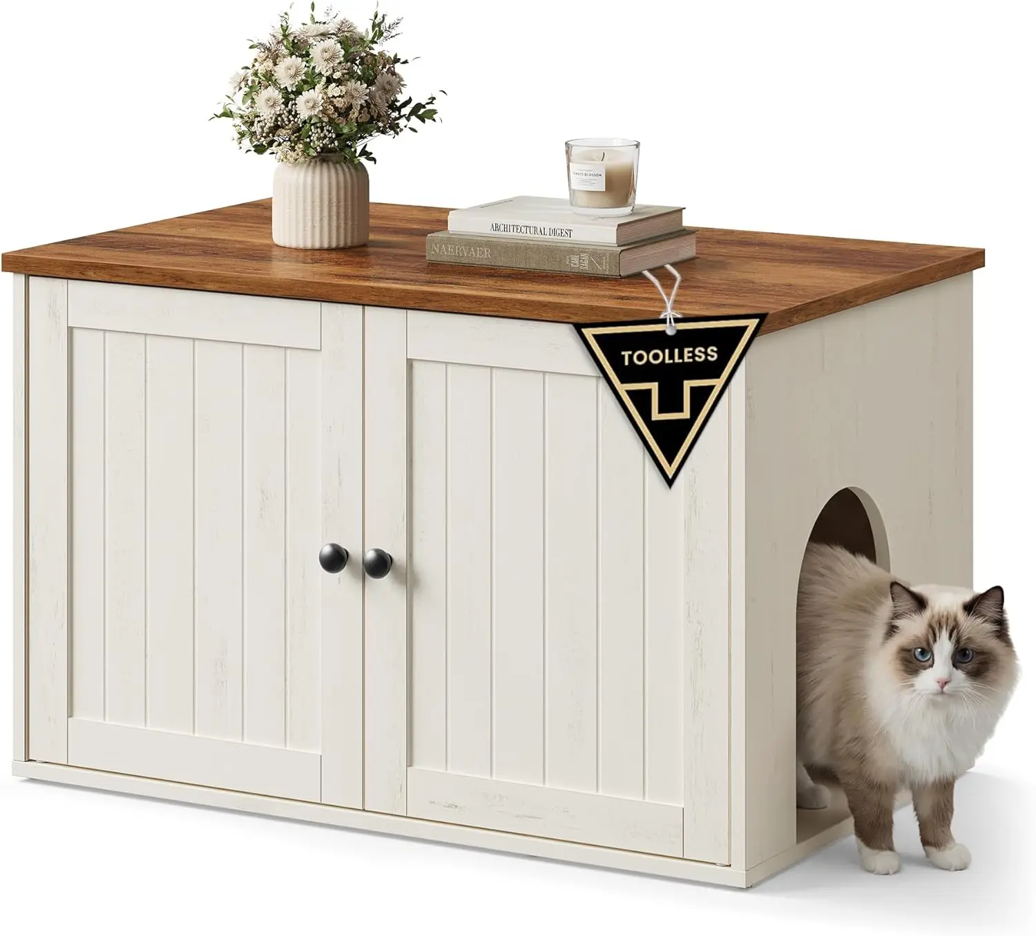 Cat Litter Box Enclosure with Tool-Free Assembly, Push-Open Doors, Rustic White and Honey Brown Design for Indoor Use
Cat Litter Box Enclosure with Tool-Free Assembly, Push-Open Doors, Rustic White and Honey Brown Design for Indoor Use