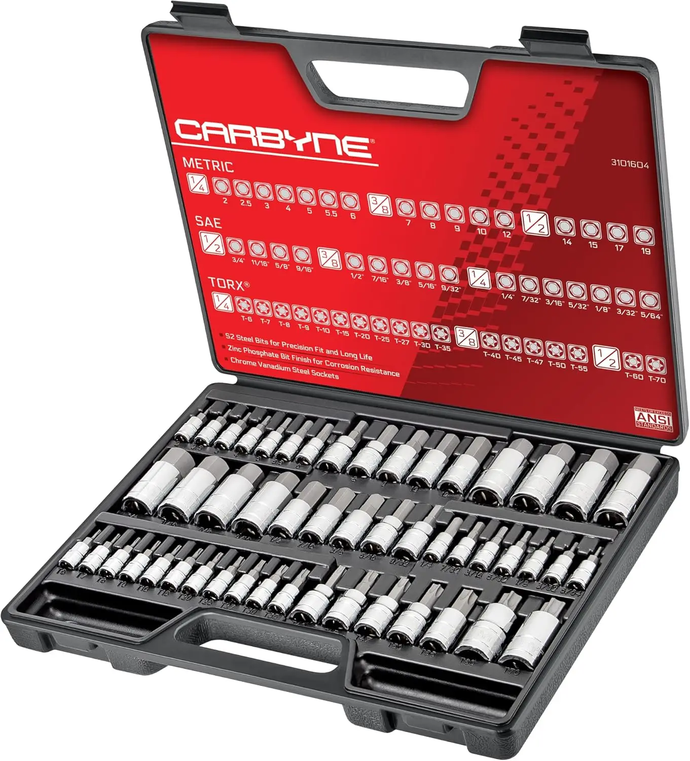 50-Piece Torx & Hex Bit Socket Set, S2 Steel, SAE/Metric, 1/4-1/2 in Drive, T6-T70, for Auto & Motorcycle
50-Piece Torx & Hex Bit Socket Set, S2 Steel, SAE/Metric, 1/4-1/2 in Drive, T6-T70, for Auto & Motorcycle