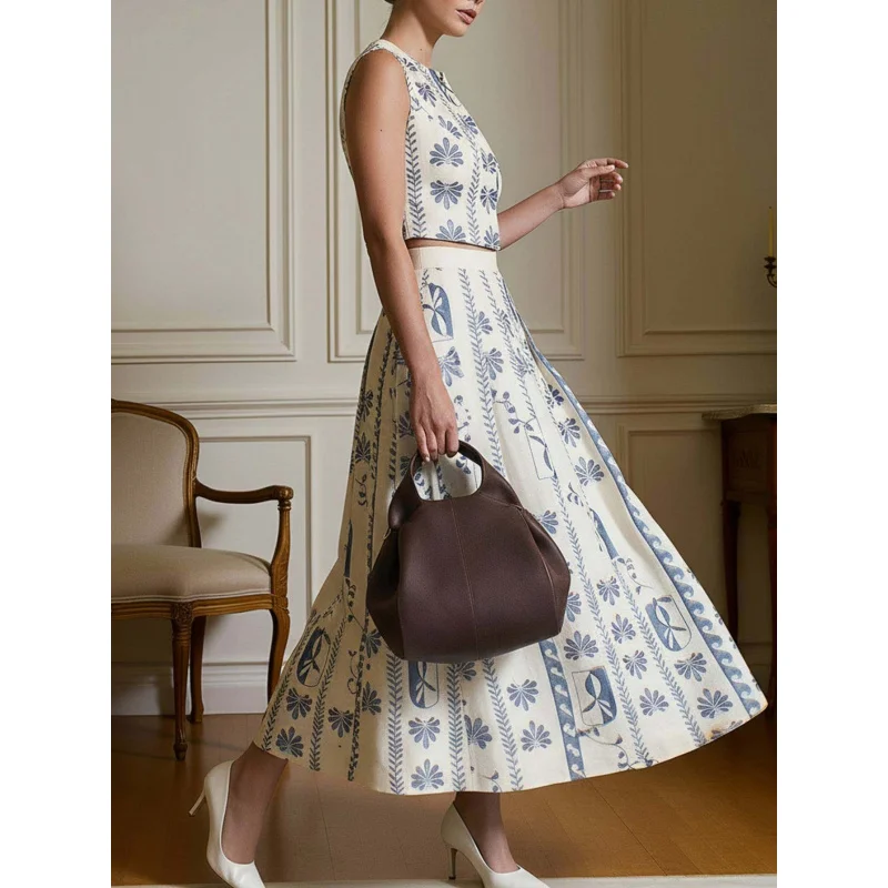 Sleeveless Stand Collar Crop Top + High-Waisted Long Midi Skirt Women's Summer Set| Vintage Printed, Elegant, and Mature Style,
Sleeveless Stand Collar Crop Top + High-Waisted Long Midi Skirt Women's Summer Set| Vintage Printed, Elegant, and Mature Style,