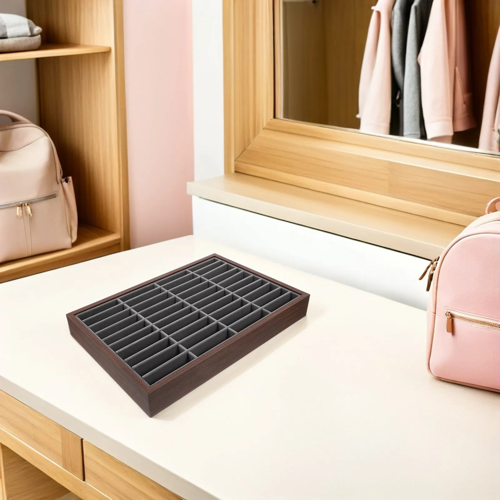 Wooden Bracelet Display Tray with 40 Compartments for Bangles Rings Necklaces Jewelry Organizer Tray for Vanity Countertop
Wooden Bracelet Display Tray with 40 Compartments for Bangles Rings Necklaces Jewelry Organizer Tray for Vanity Countertop