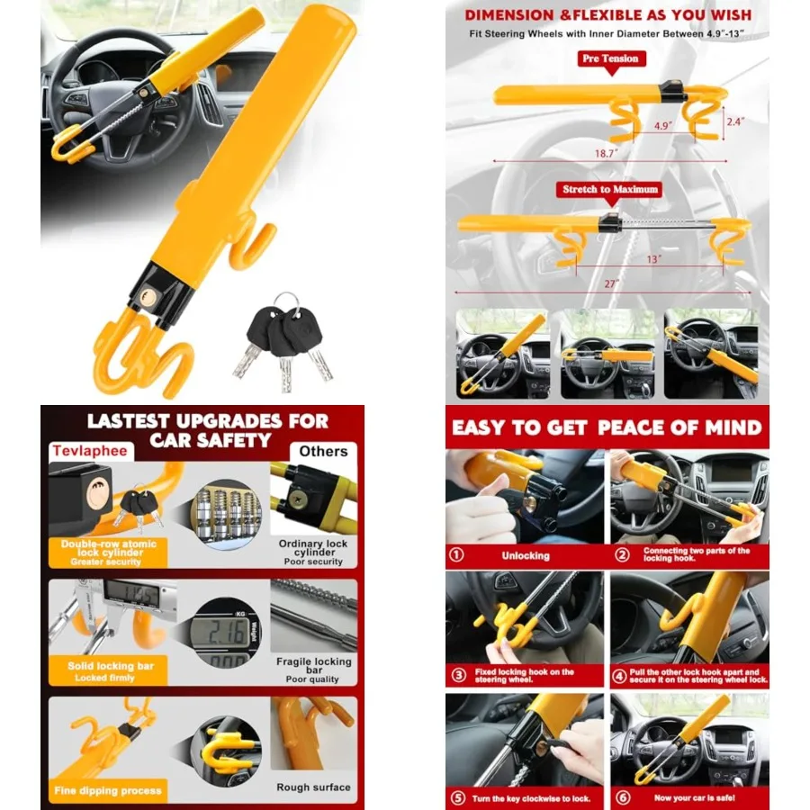 Steering Wheel Lock - Heavy Duty Antitheft Device and Car Security Lock with Adjustable Locking and 3 Keys - Great Vehicle and Truck Deterrent (Yellow)
Steering Wheel Lock - Heavy Duty Antitheft Device and Car Security Lock with Adjustable Locking and 3 Keys - Great Vehicle and Truck Deterrent (Yellow)