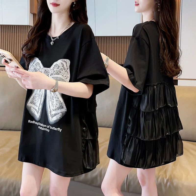 plus Size Women's T-Shirt with Bow Design Short Sleeve Loose Fit Korean Style Mid-Length Top for Summer Casual Wear
plus Size Women's T-Shirt with Bow Design Short Sleeve Loose Fit Korean Style Mid-Length Top for Summer Casual Wear
