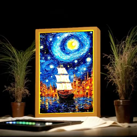 Marco de imagen de pintura ligera, luz Led nocturna, lámpara de Luna, Van Gogh, cielo estrellado, arte de pared, Oficina, dormitorio, decoración de la habitación del hogar, regalos para amigos