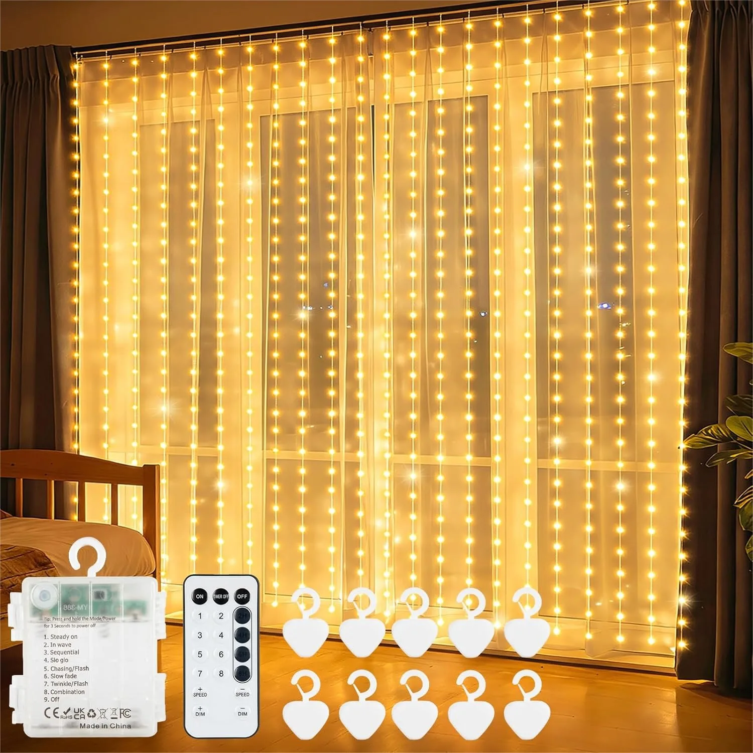 Curtain Lights Battery Operated 300 LED 9.8x9.8Ft Fairy Lights With Timer For Bedroom Wedding Backdrop Indoor Decor Warm White
Curtain Lights Battery Operated 300 LED 9.8x9.8Ft Fairy Lights With Timer For Bedroom Wedding Backdrop Indoor Decor Warm White