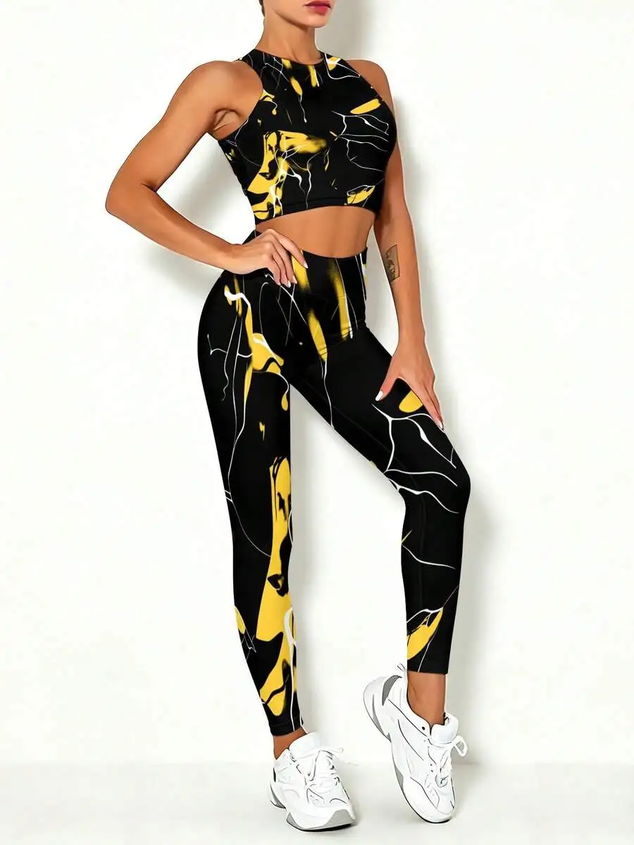 Women Quick Dry Yoga Set Black Yellow Abstract Lightning Print Sport Vest And Leggings
Women Quick Dry Yoga Set Black Yellow Abstract Lightning Print Sport Vest And Leggings