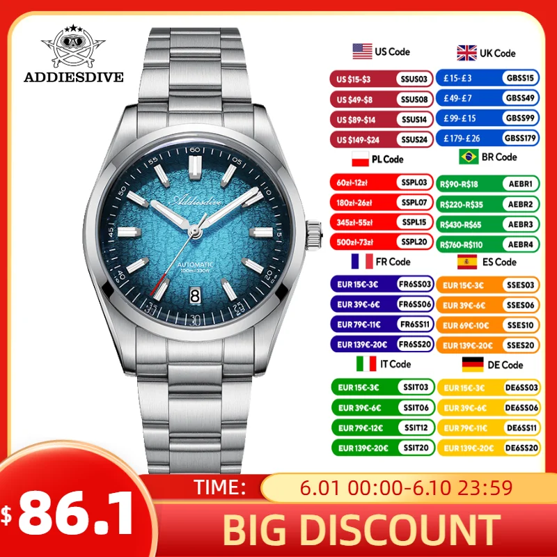 ADDIESDIVE Men Watch 39mm 8215 Automatic Mechanical Wristwatch Diving 100m Waterproof 316L Stainless Steel Domed Glass Luminous
ADDIESDIVE Men Watch 39mm 8215 Automatic Mechanical Wristwatch Diving 100m Waterproof 316L Stainless Steel Domed Glass Luminous