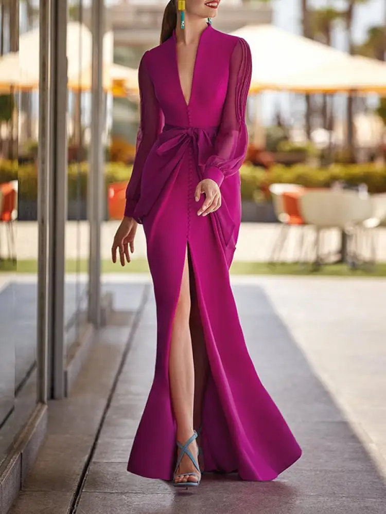 Freeacy Women Dress Lace-up High Waist Evening Dresses for Ladies Rose Red V-neck Long Puff Sleeves Splited Floor Length Dress
Freeacy Women Dress Lace-up High Waist Evening Dresses for Ladies Rose Red V-neck Long Puff Sleeves Splited Floor Length Dress
