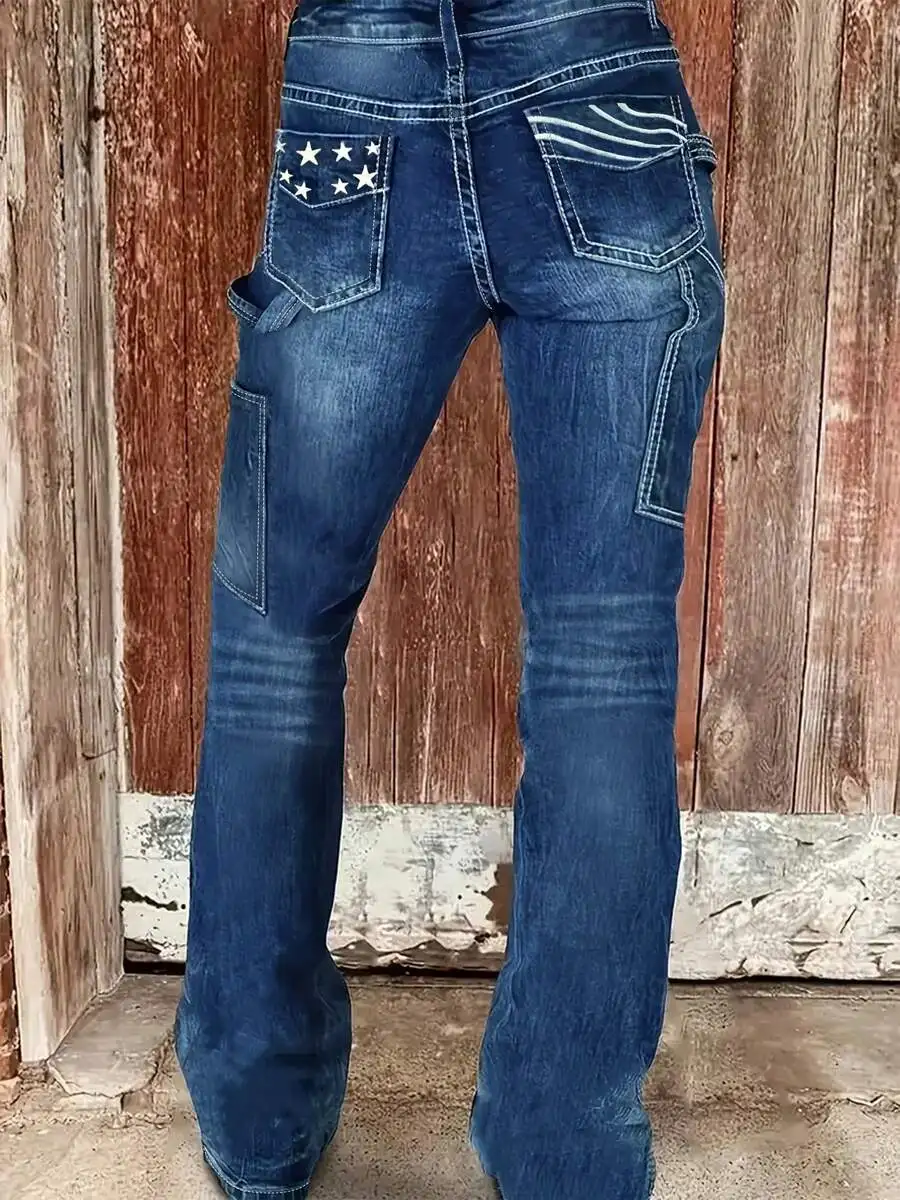 Womens Plus Size High-Waisted Bootcut Denim Jeans In Medium Blue Vintage Wash, Star-Decorated Back Pocket, White Contrast
Womens Plus Size High-Waisted Bootcut Denim Jeans In Medium Blue Vintage Wash, Star-Decorated Back Pocket, White Contrast