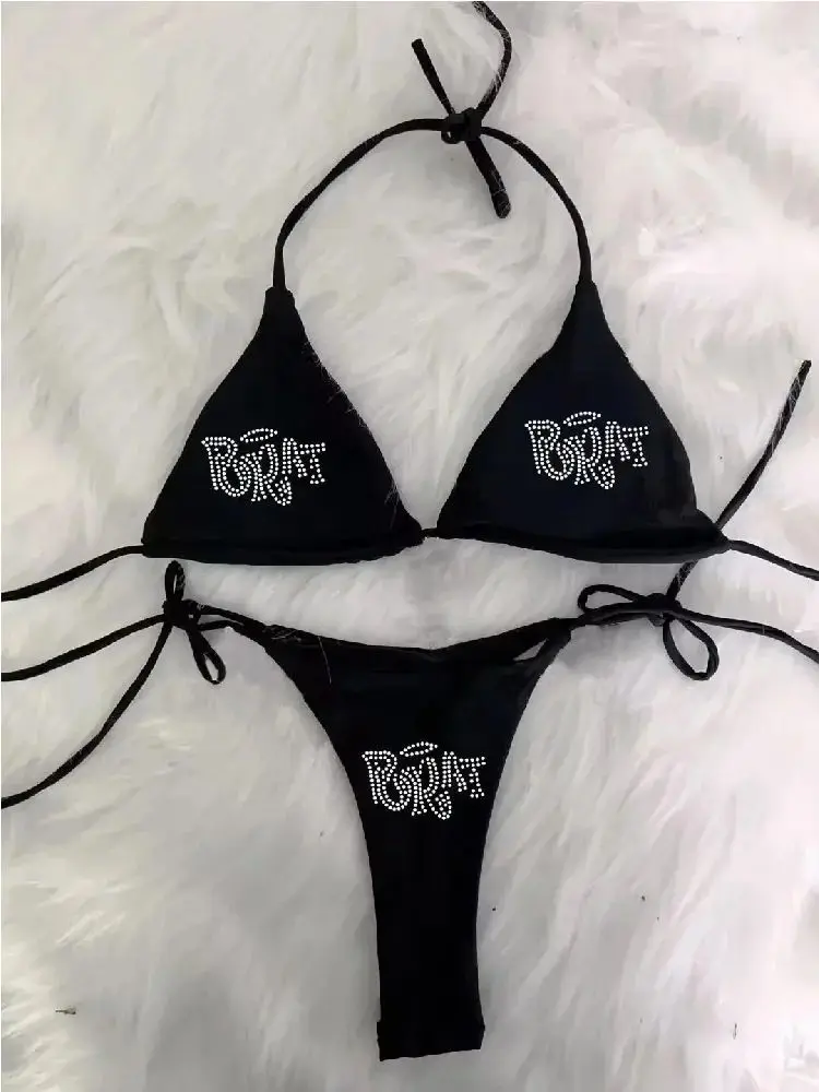 Summer gothic punk hot girl style Y2K letter hot diamond hanging neck sexy backless vacation bikini women's clothing
Summer gothic punk hot girl style Y2K letter hot diamond hanging neck sexy backless vacation bikini women's clothing