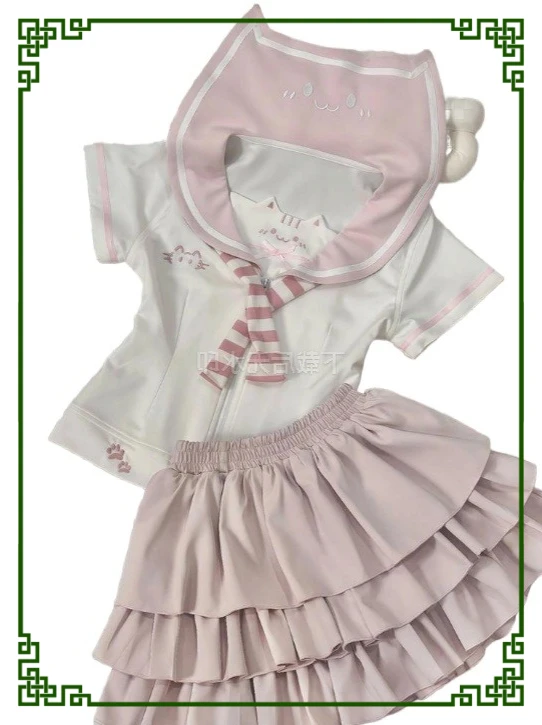 Pink Navy Neck Short-Sleeve Shirt Zip Slim Fit Top and Sweet Cute Girl Cake Puffy Short Skirt Sailor Uniform Two Piece Set
Pink Navy Neck Short-Sleeve Shirt Zip Slim Fit Top and Sweet Cute Girl Cake Puffy Short Skirt Sailor Uniform Two Piece Set
