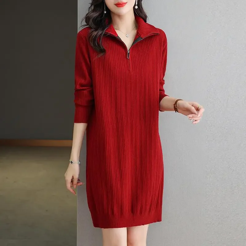 Red Knit Dress With Half Zipper Polo Neck Three Quarter Sleeve Loose Fit Casual Style For Women Autumn Winter Wear
Red Knit Dress With Half Zipper Polo Neck Three Quarter Sleeve Loose Fit Casual Style For Women Autumn Winter Wear