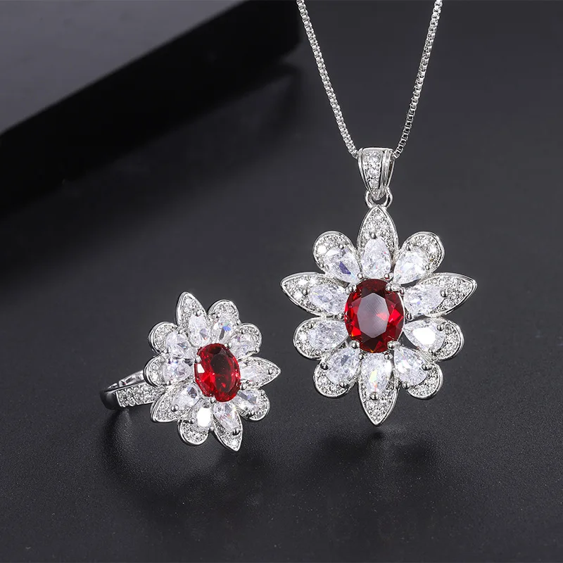 S925 Silver Needle European and American Trendy Red Gemstone Jewelry Accessories Set Ring Necklace
S925 Silver Needle European and American Trendy Red Gemstone Jewelry Accessories Set Ring Necklace