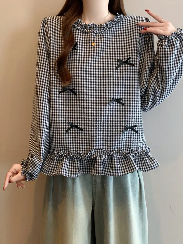 Spring 2026 Women's Plaid Shirt with Lace Hem Knot Shoulder Doll Top Korean Style Commute Long Sleeve round Neck
Spring 2026 Women's Plaid Shirt with Lace Hem Knot Shoulder Doll Top Korean Style Commute Long Sleeve round Neck
