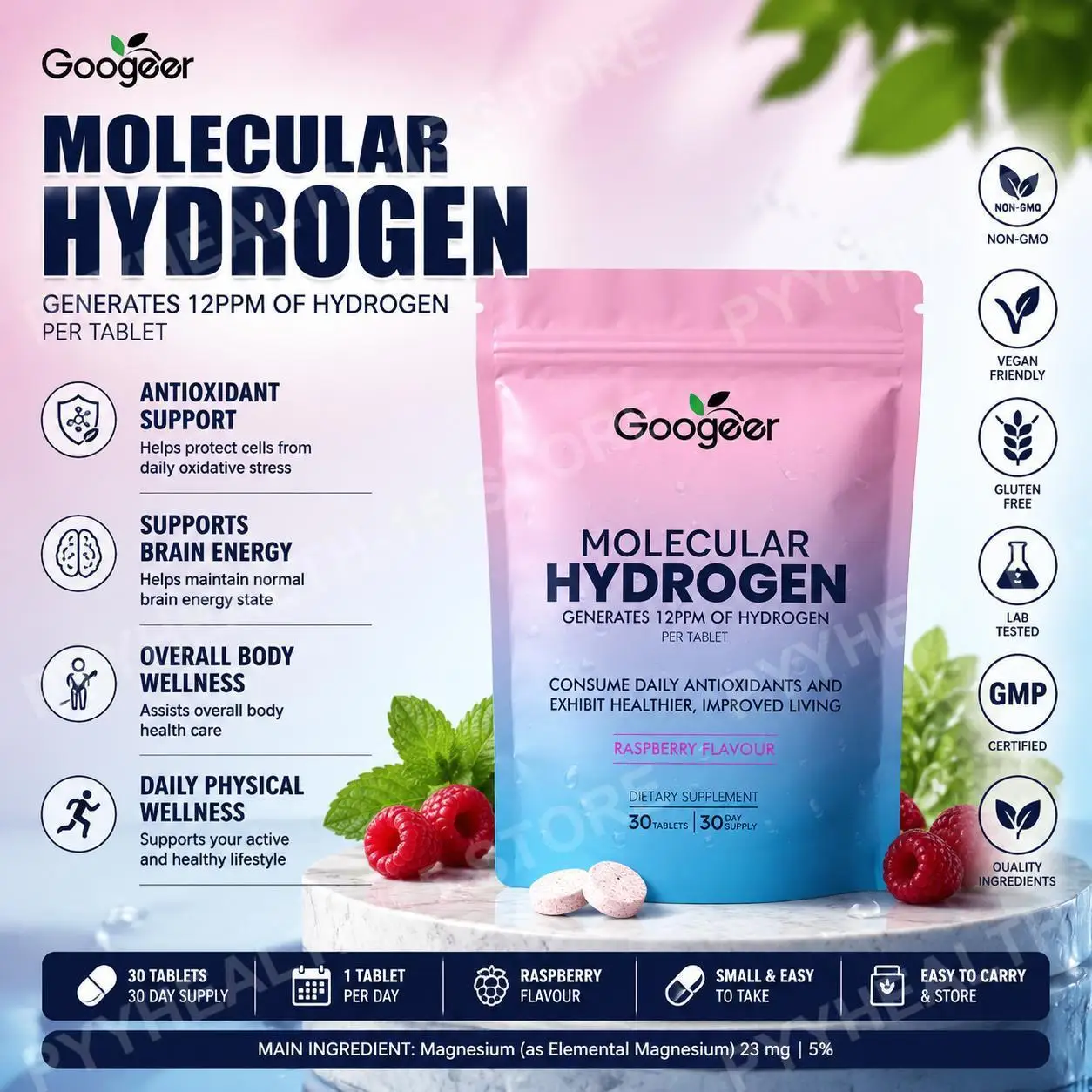 Molecular Hydrogen Water Tablets 12 PPM with Magnesium, Raspberry Flavor, Daily Wellness and Antioxidant Support, 30 Tablets
Molecular Hydrogen Water Tablets 12 PPM with Magnesium, Raspberry Flavor, Daily Wellness and Antioxidant Support, 30 Tablets