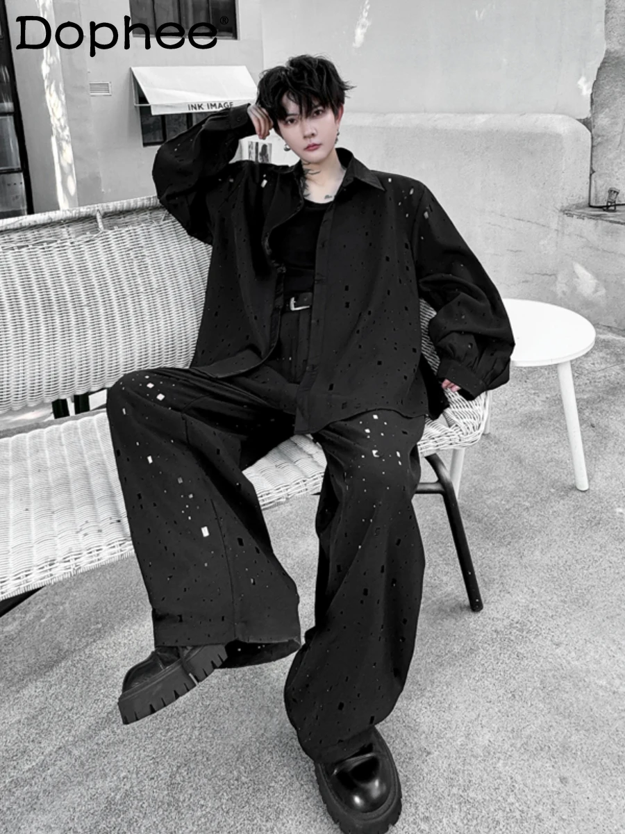 2024 Autumn Men's Sets High-end Handsome Long-sleeve Solid Color Shirt Trendy Male Hole Design Wide-leg Pants Male Two-piece Set
2024 Autumn Men's Sets High-end Handsome Long-sleeve Solid Color Shirt Trendy Male Hole Design Wide-leg Pants Male Two-piece Set
