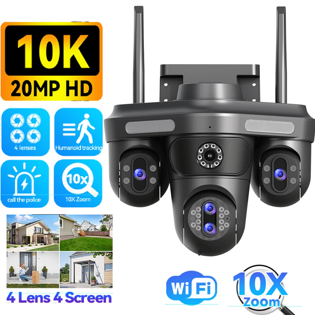 20MP 10K WiFi Camera Four Lens Outdoor Camera Wireless Security Surveillance Color Night Vision PTZ 360° Panoramic IP Camera
20MP 10K WiFi Camera Four Lens Outdoor Camera Wireless Security Surveillance Color Night Vision PTZ 360° Panoramic IP Camera