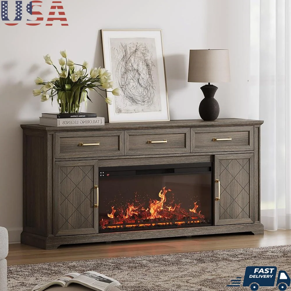 Electric Fireplace TV Stand Farmhouse Entertainment Center with Storage Cabinets 3 Drawers Adjustable Shelves Grooved Doors
Electric Fireplace TV Stand Farmhouse Entertainment Center with Storage Cabinets 3 Drawers Adjustable Shelves Grooved Doors