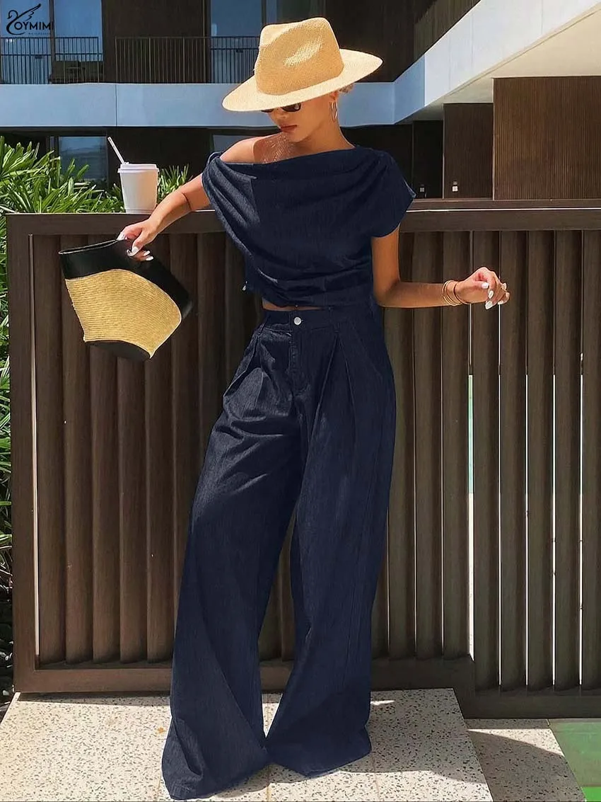 Oymimi Fashion Blue Denim Women's 2-Piece Sets Elegant Skew Collar Sleeveless Tops And Button Straight Full Length Pants Sets
Oymimi Fashion Blue Denim Women's 2-Piece Sets Elegant Skew Collar Sleeveless Tops And Button Straight Full Length Pants Sets
