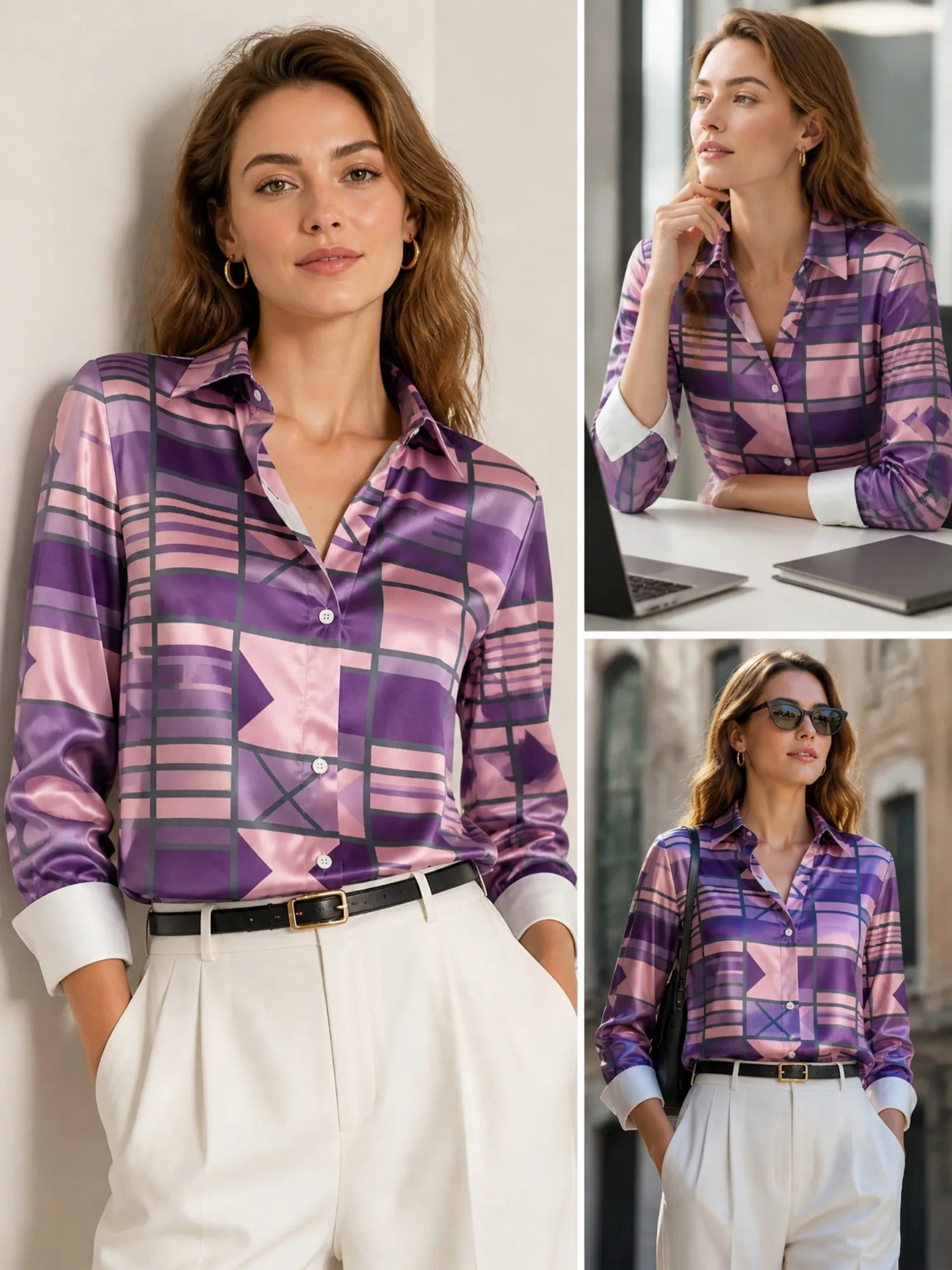 Purple Pink Plaid Satin Blouse for Women Long Sleeve Button Down Shirt Office Cafe Casual Elegant Silky Top
Purple Pink Plaid Satin Blouse for Women Long Sleeve Button Down Shirt Office Cafe Casual Elegant Silky Top