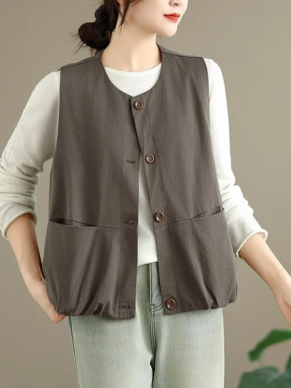 Faionable Pure Color Cotton Vest Large Size Women's round Ne Double ket Button up Casual Outerwear for Autumn
Faionable Pure Color Cotton Vest Large Size Women's round Ne Double ket Button up Casual Outerwear for Autumn