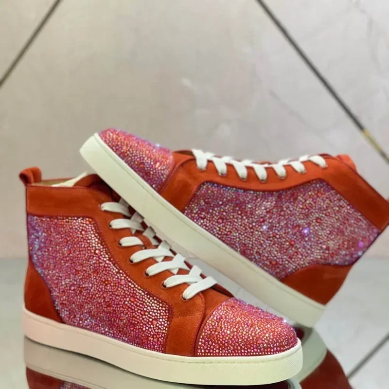 Designer High Top Men's Trainers Driving Spiked Orange Suede Genuine Leather Wedding Crystal No Rivets Flats Sneakers Shoes
Designer High Top Men's Trainers Driving Spiked Orange Suede Genuine Leather Wedding Crystal No Rivets Flats Sneakers Shoes